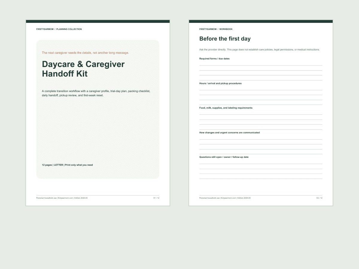 Actual cover and setup worksheet from the Daycare and Caregiver Handoff Kit